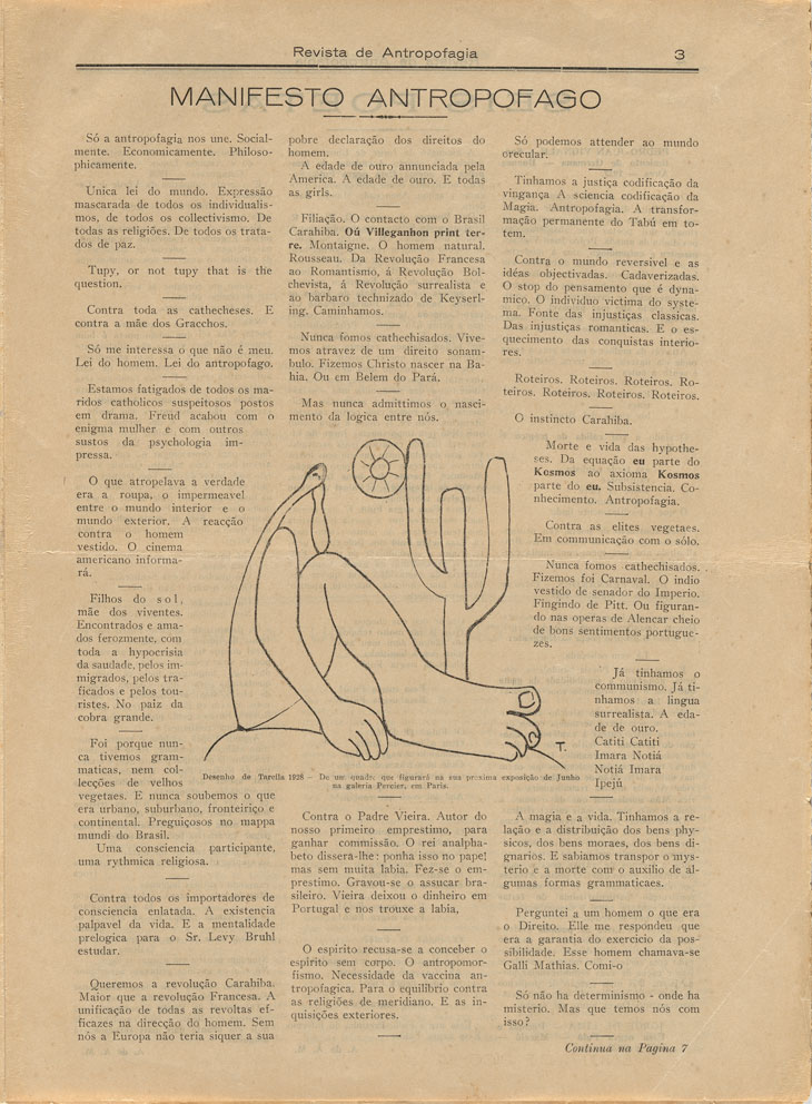 Oswald de Andrade's 'Manifesto antropófago' (Manifesto of Anthropophagy), with drawing by Tarsila do Amaral, in Revista de Antropofagia 1, no. 1 (May 1928):3. The Museum of Modern Art Library.