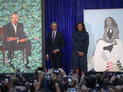Barack and Michelle Obama at the unveiling ceremony for their portraits at the Smithsonian National Portrait Gallery, Washington D.C., on 12 February 2018.