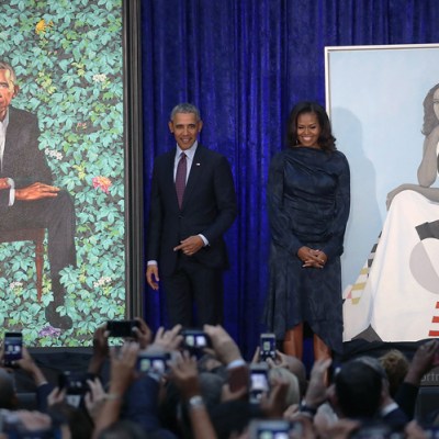 Barack and Michelle Obama at the unveiling ceremony for their portraits at the Smithsonian National Portrait Gallery, Washington D.C., on 12 February 2018.