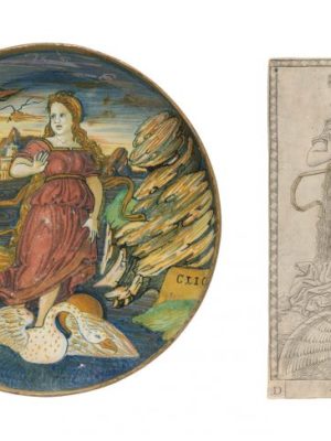 Shallow bowl depicting the muse Clio (c. 1535/40), workshop of Maestro Giorgio Andreoli, Gubbio, Italy; Clio (Muse of History), (c. 1465), Master of the E-series Tarocchi