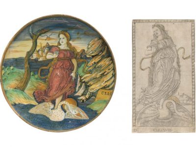 Shallow bowl depicting the muse Clio (c. 1535/40), workshop of Maestro Giorgio Andreoli, Gubbio, Italy; Clio (Muse of History), (c. 1465), Master of the E-series Tarocchi