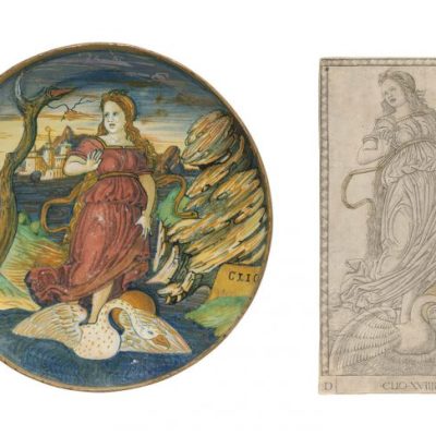 Shallow bowl depicting the muse Clio (c. 1535/40), workshop of Maestro Giorgio Andreoli, Gubbio, Italy; Clio (Muse of History), (c. 1465), Master of the E-series Tarocchi