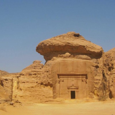Mada'in Saleh (Hegra), Jabal al-Khraymat. The tomb on the far left belonged to Amat and her daughters.