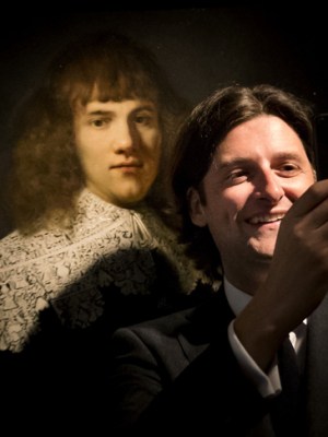 Jan Six standing beside ‘Portrait of a Young Gentleman’, newly attributed to Rembrandt van Rijn, in The Hermitage Museum, Amsterdam on 16 May 2018.