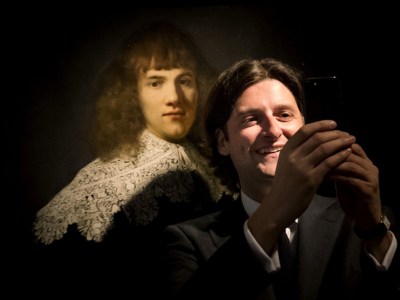 Jan Six standing beside ‘Portrait of a Young Gentleman’, newly attributed to Rembrandt van Rijn, in The Hermitage Museum, Amsterdam on 16 May 2018.