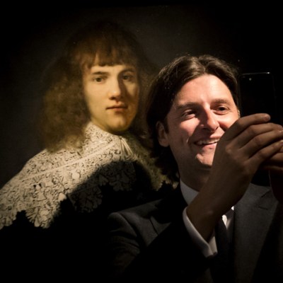 Jan Six standing beside ‘Portrait of a Young Gentleman’, newly attributed to Rembrandt van Rijn, in The Hermitage Museum, Amsterdam on 16 May 2018.
