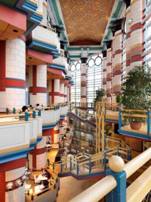 Inside the Judge Business School, Cambridge, designed by John Outram, which has received a Grade II* listing. © Historic England