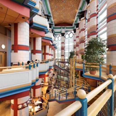 Inside the Judge Business School, Cambridge, designed by John Outram, which has received a Grade II* listing. © Historic England