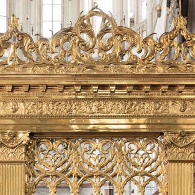 Part of a brass choir screen at De Nieuwe Kerke, Amsterdam, cast by unknown brass-founders in c. 1654, after a design by Johannes Lutma, probably in collaboration with Jacob van Campen