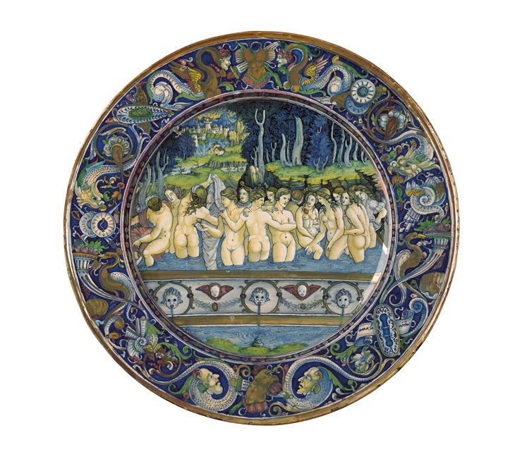 Dish depicting women bathing (1525), workshop of Maestro Giorgio Andreoli, central scene attr. to Francesco Xanto Avelli da Rovigo