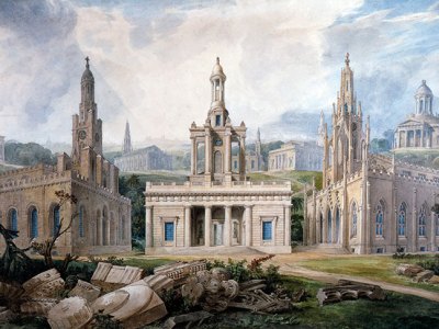 A Group of Churches, designed by Sir J. Soane to illustrate different Styles of Architecture Holy Trinity, Marylebone, St Peter’s, Walworth and the chapel at Tyringham, Buckinghamshire) (detail; c. 1825), Joseph Michael Gandy.