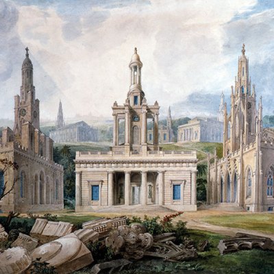 A Group of Churches, designed by Sir J. Soane to illustrate different Styles of Architecture Holy Trinity, Marylebone, St Peter’s, Walworth and the chapel at Tyringham, Buckinghamshire) (detail; c. 1825), Joseph Michael Gandy.