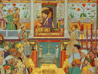 Shah Jahan receives his three eldest sons and Asaf Khan during his accession ceremonies from the Padshahnama manuscript (detail; c. 1630–40), Bichitr and Ramdas, Mughal.