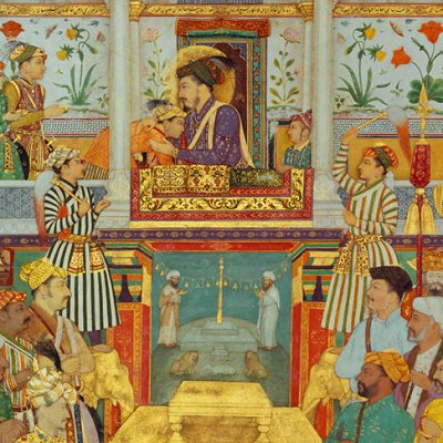 Shah Jahan receives his three eldest sons and Asaf Khan during his accession ceremonies from the Padshahnama manuscript (detail; c. 1630–40), Bichitr and Ramdas, Mughal.