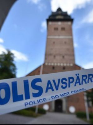 Cordoned crime scene at Strängnäs cathedral, west of Stockholm.