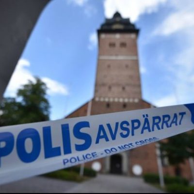 Cordoned crime scene at Strängnäs cathedral, west of Stockholm.