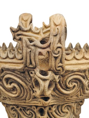 Vessel with flame-like ornamentation, Middle Jomon period (3,000–2,000 BC), from Sasayama site, Tokamachi-shi. Tokamachi City Museum, Niigata