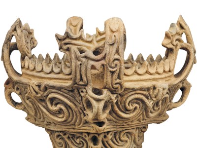 Vessel with flame-like ornamentation, Middle Jomon period (3,000–2,000 BC), from Sasayama site, Tokamachi-shi. Tokamachi City Museum, Niigata