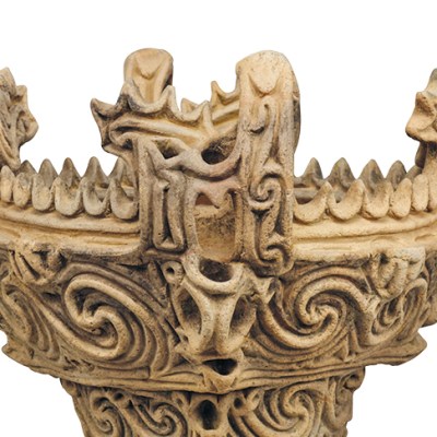 Vessel with flame-like ornamentation, Middle Jomon period (3,000–2,000 BC), from Sasayama site, Tokamachi-shi. Tokamachi City Museum, Niigata