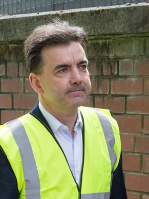 Tom Inns, who has resigned as director of the Glasgow School, at an inspection of the damage done to the Mackintosh Building in June 2018.)