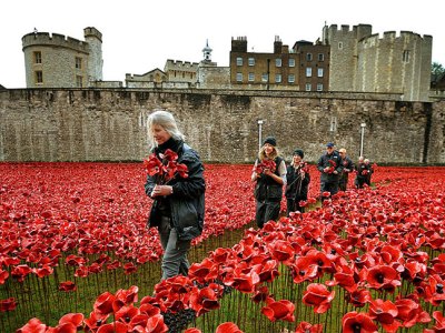 Volunteers dismantling the installation of Blood Swept Lands and Seas of Red at the Tower of London in 2014.