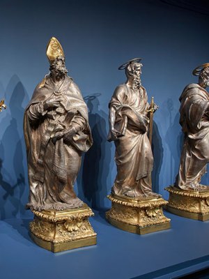 Installation view of ‘Luigi Valadier: Splendor in Eighteenth-Century Rome’ at the Frick Collection, New York, 2018. Pictured are the statues of the six saints from the High Altar of the Cathedral of Santa Maria la Nuova, Monreale, from c. 1773.