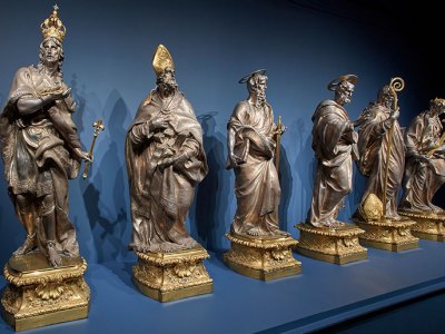 Installation view of ‘Luigi Valadier: Splendor in Eighteenth-Century Rome’ at the Frick Collection, New York, 2018. Pictured are the statues of the six saints from the High Altar of the Cathedral of Santa Maria la Nuova, Monreale, from c. 1773.