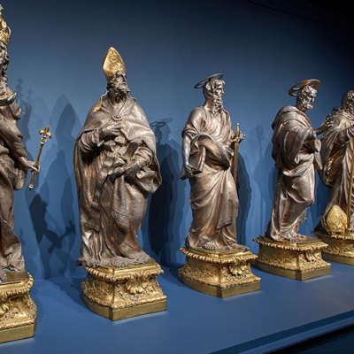 Installation view of ‘Luigi Valadier: Splendor in Eighteenth-Century Rome’ at the Frick Collection, New York, 2018. Pictured are the statues of the six saints from the High Altar of the Cathedral of Santa Maria la Nuova, Monreale, from c. 1773.