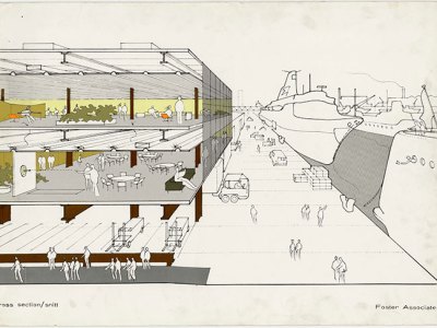 Cross section by Norman Foster of the Fred Olsen Amenity Building, Millwall Docks, London (c. 1968–70).