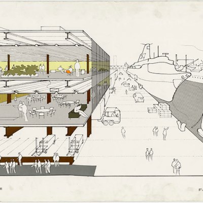 Cross section by Norman Foster of the Fred Olsen Amenity Building, Millwall Docks, London (c. 1968–70).
