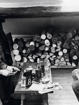 Jean-Paul Riopelle and Joan Mitchell photographed in their apartment-studio on Rue Frémicourt, Paris in 1963.