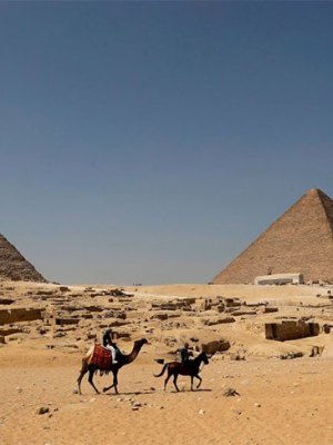The Pyramid of Khafre (left) and the Great Pyramid of Giza (right), photographed in October 2018.