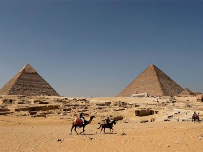 The Pyramid of Khafre (left) and the Great Pyramid of Giza (right), photographed in October 2018.