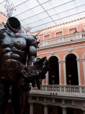 Installation view of Damien Hirst’s Demon with Bowl in ‘Treasures from the Wreck of the Unbelievable’ at the Palazzo Grassi, Venice, 2017.