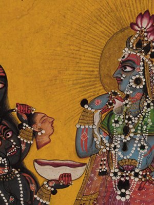 Devi in the Form of Bhadrakali Adored by the Gods (detail; c. 1660–70), folio from a dispersed Tantric Devi series, attributed to the Master of the Early Rasamanjari