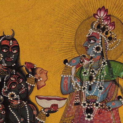 Devi in the Form of Bhadrakali Adored by the Gods (detail; c. 1660–70), folio from a dispersed Tantric Devi series, attributed to the Master of the Early Rasamanjari