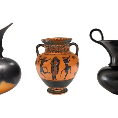 Left: Untitled, 1988, Magdalene Odundo. Middle: Black figure neck amphora with Ariadne dancing with satyrs, 550-540BC. Fitzwilliam Museum, Cambridge. Right: Untitled, 1989, Magdalene Odundo.