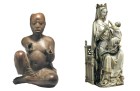 Left: Seated figure (late 13th–14th century), possibly Ife, Tada, Nigeria. Right: Virgin and Child (c. 1275–1300), France.