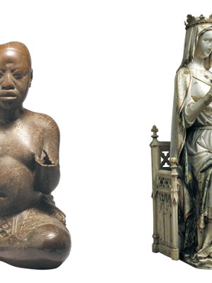 Left: Seated figure (late 13th–14th century), possibly Ife, Tada, Nigeria. Right: Virgin and Child (c. 1275–1300), France.
