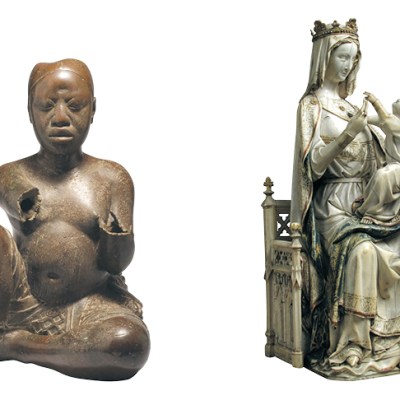 Left: Seated figure (late 13th–14th century), possibly Ife, Tada, Nigeria. Right: Virgin and Child (c. 1275–1300), France.