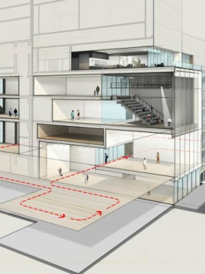 North/south section-perspective through the new gallery spaces at The Museum of Modern Art, looking east along Fifty-third Street.