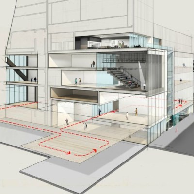 North/south section-perspective through the new gallery spaces at The Museum of Modern Art, looking east along Fifty-third Street.