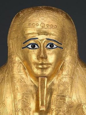 The gilded ancient Egyptian coffin at the Met in New York (detail).