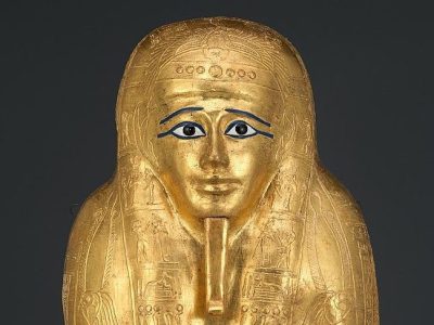 The gilded ancient Egyptian coffin at the Met in New York (detail).
