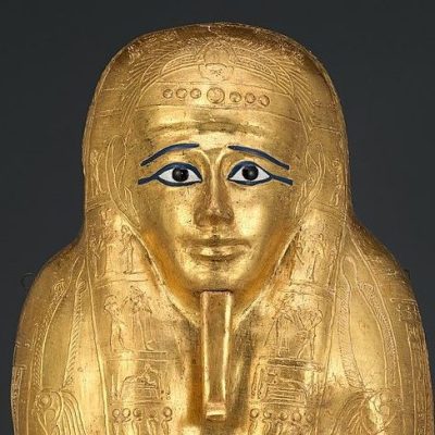 The gilded ancient Egyptian coffin at the Met in New York (detail).