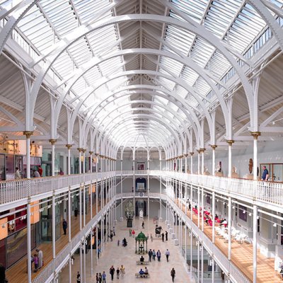 View of the Grand Gallery at the National Museum of Scotland.