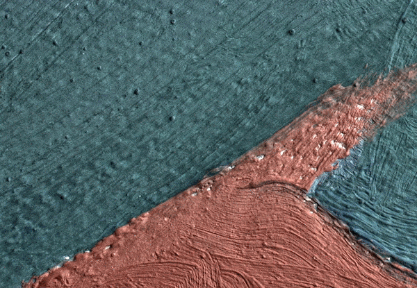 An animated GIF of a magnified section of Georgia O’Keeffe’s Pedernal that isolates micron-sized protrusions from metal soaps to identify the presence of ’art acne’