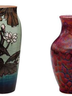 Left: Vase (1884), decorated by Laura A. Fry, Rookwood Pottery. The Metropolitan Museum of Art, New York. Right: Vase (c. 1885–89), Hugh C. Robertson, Chelsea Keramic Art Works. The Metropolitan Museum of Art, New York