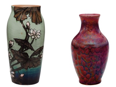 Left: Vase (1884), decorated by Laura A. Fry, Rookwood Pottery. The Metropolitan Museum of Art, New York. Right: Vase (c. 1885–89), Hugh C. Robertson, Chelsea Keramic Art Works. The Metropolitan Museum of Art, New York
