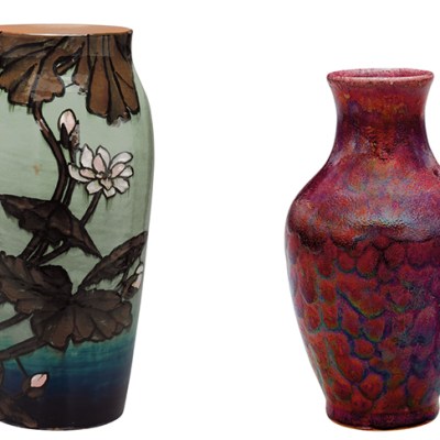 Left: Vase (1884), decorated by Laura A. Fry, Rookwood Pottery. The Metropolitan Museum of Art, New York. Right: Vase (c. 1885–89), Hugh C. Robertson, Chelsea Keramic Art Works. The Metropolitan Museum of Art, New York